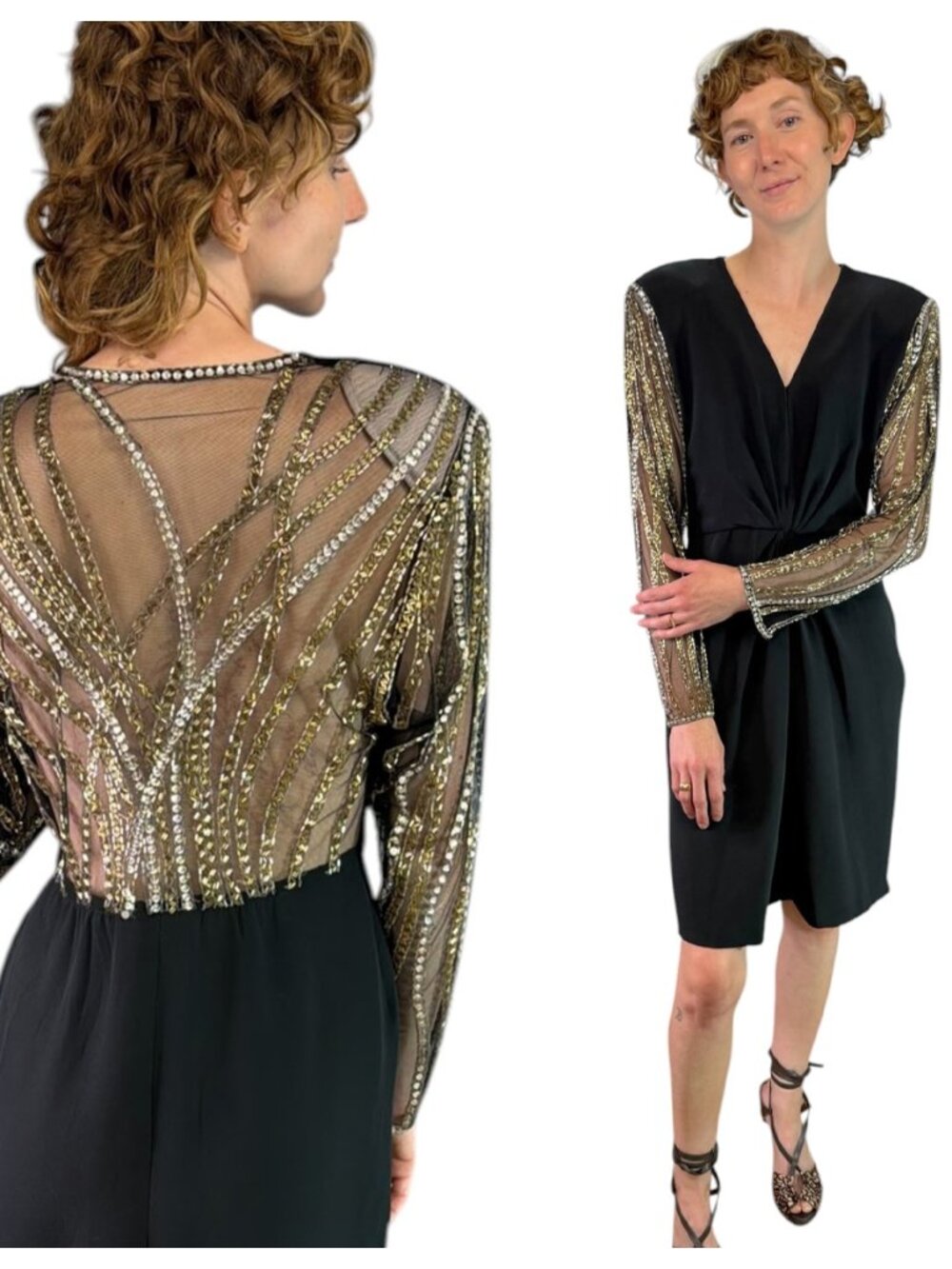 Bob Mackie Vintage 80s Beaded Cocktail Evening Dress Black Silk Crepe Size 6